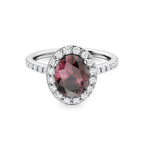 Oval-Cut Rhodolite Ring with Halo and Pav&eacute; Band